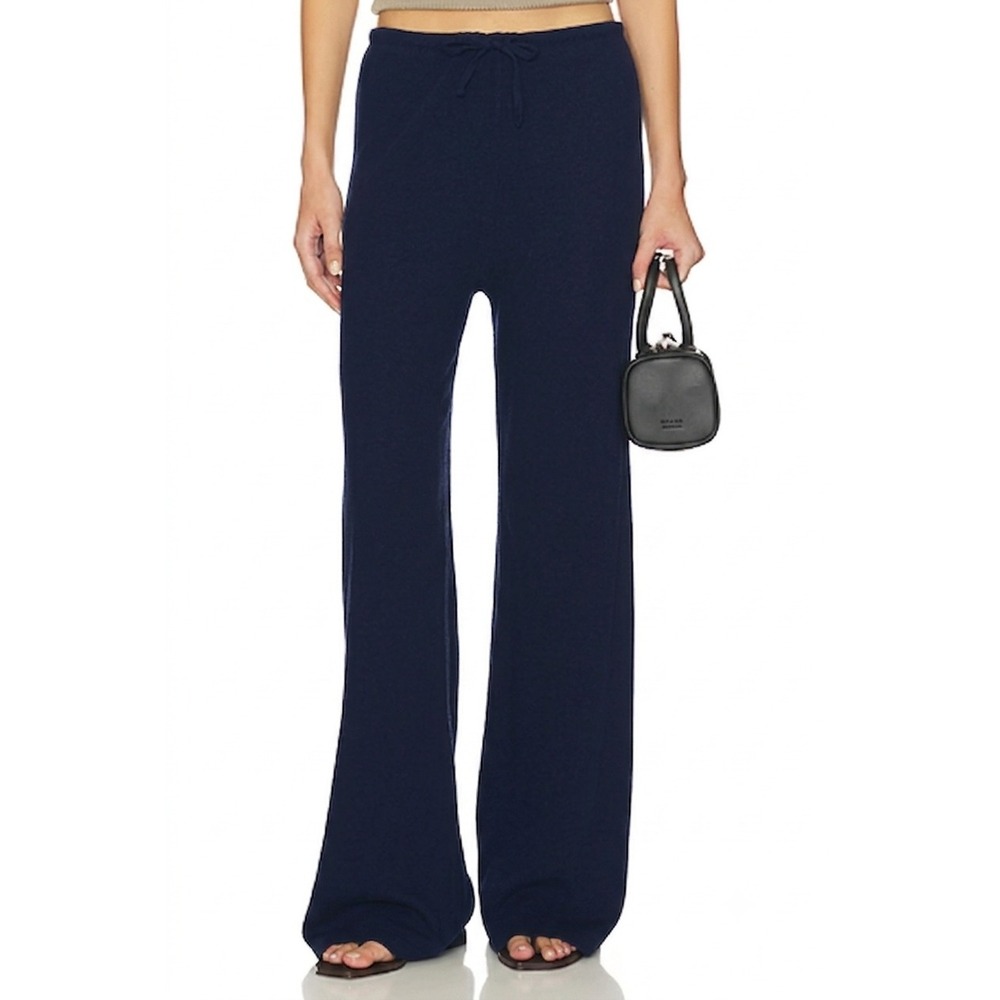 ENZA COSTA Cashmere Jersey Drawcord Pants Women Small Navy Blue Lounge Wide Leg